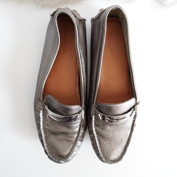 Coach Nola Gunmetal Silver Pebbled Leather Logo Slip On Loafer Driving Shoe - Picture 1 of 16